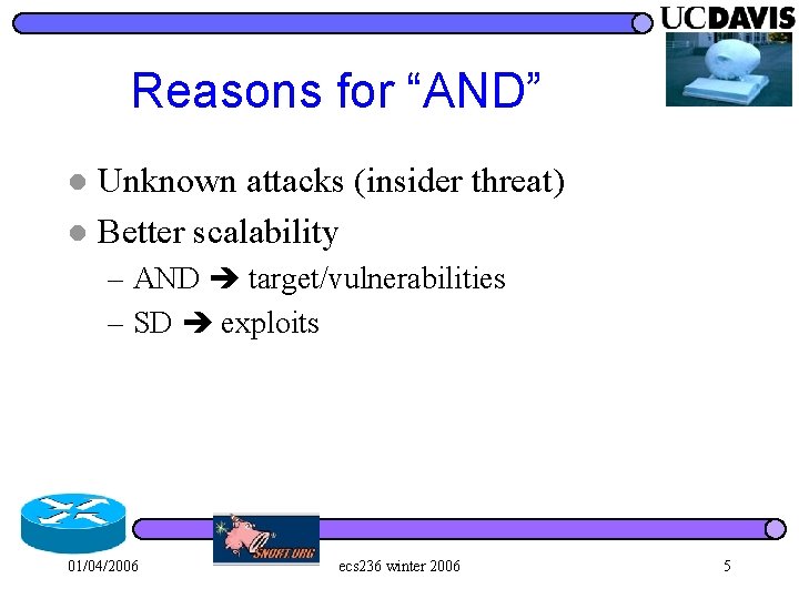 Reasons for “AND” Unknown attacks (insider threat) l Better scalability l – AND target/vulnerabilities