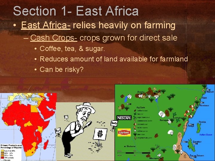 Section 1 - East Africa • East Africa- relies heavily on farming – Cash