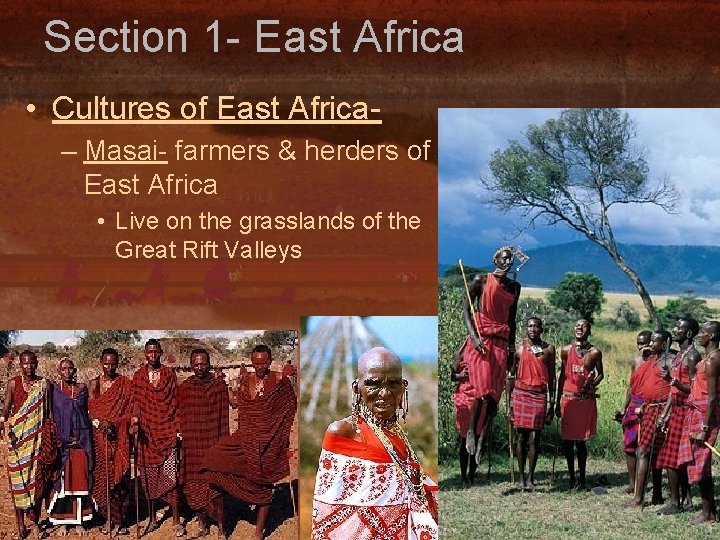 Section 1 - East Africa • Cultures of East Africa– Masai- farmers & herders