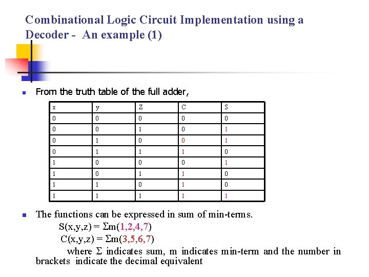 Combinational Logic Circuit Implementation using a Decoder - An example (1) n n From