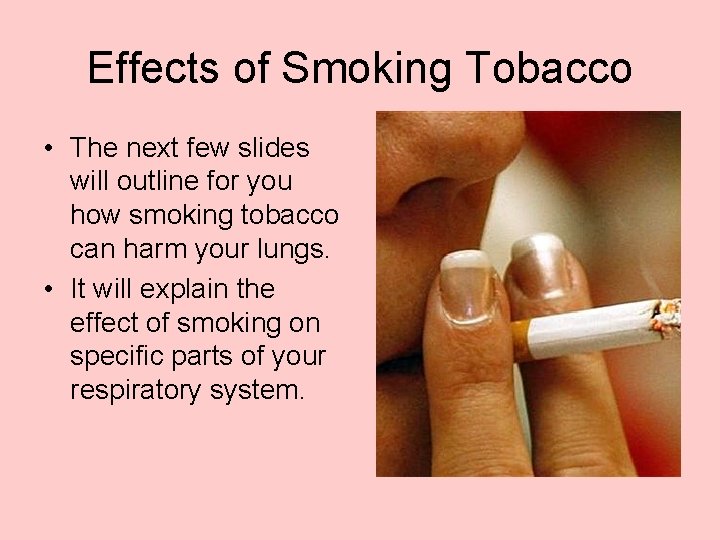 Effects of Smoking Tobacco • The next few slides will outline for you how