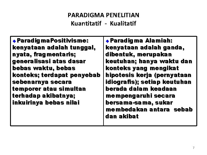 PARADIGMA PENELITIAN Kuantitatif - Kualitatif u. Paradigma. Positivisme: u. Paradigma Alamiah: kenyataan adalah tunggal,