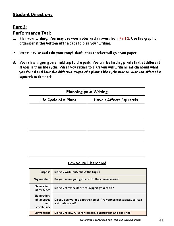 Student Directions Part 2: Performance Task 1. Plan your writing. You may use your