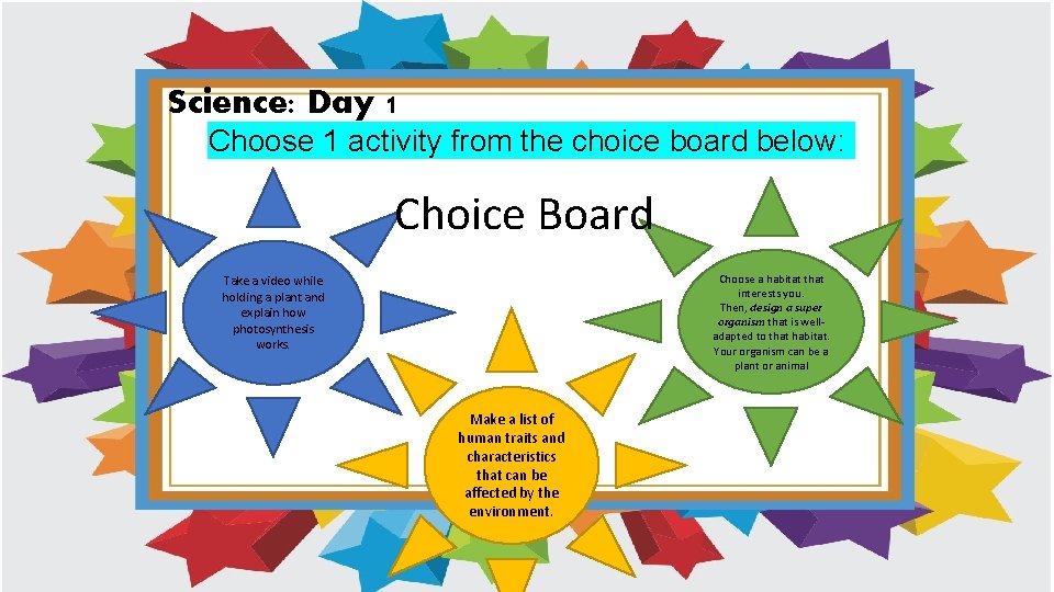 Science: Day 1 Choose 1 activity from the choice board below: Choice Board Choose Science: Day 1 Choose 1 activity from the choice board below: Choice Board Choose