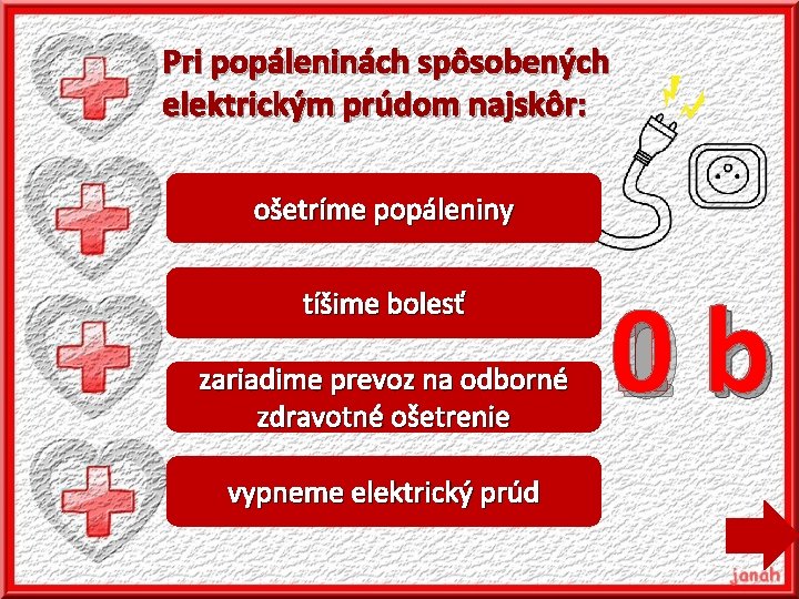 Pri popáleninách spôsobených elektrickým prúdom najskôr: ošetríme popáleniny tíšime bolesť zariadime prevoz na odborné