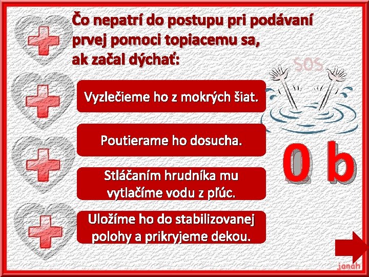 Čo nepatrí do postupu pri podávaní prvej pomoci topiacemu sa, ak začal dýchať: Vyzlečieme