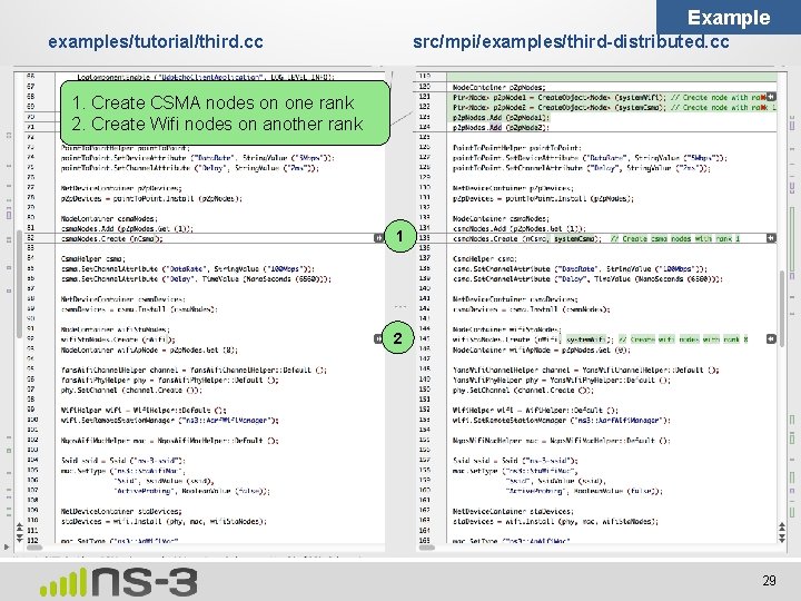 Example examples/tutorial/third. cc src/mpi/examples/third-distributed. cc 1. Create CSMA nodes on one rank 2. Create