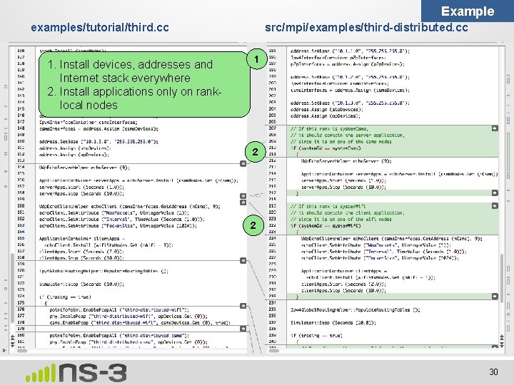 Example examples/tutorial/third. cc 1. Install devices, addresses and Internet stack everywhere 2. Install applications