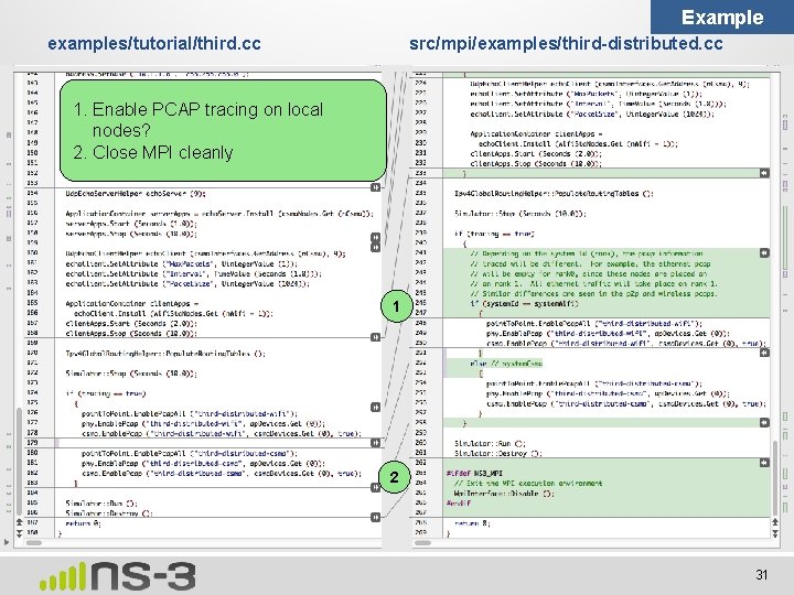 Example examples/tutorial/third. cc src/mpi/examples/third-distributed. cc 1. Enable PCAP tracing on local nodes? 2. Close
