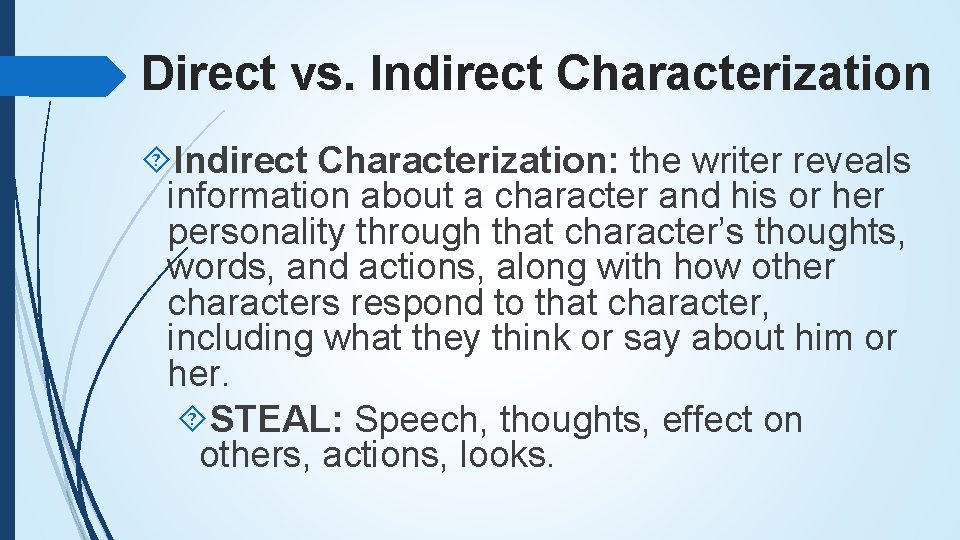 Direct vs. Indirect Characterization: the writer reveals information about a character and his or