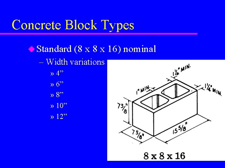 Concrete Block Types u Standard (8 x 16) nominal – Width variations » 4”