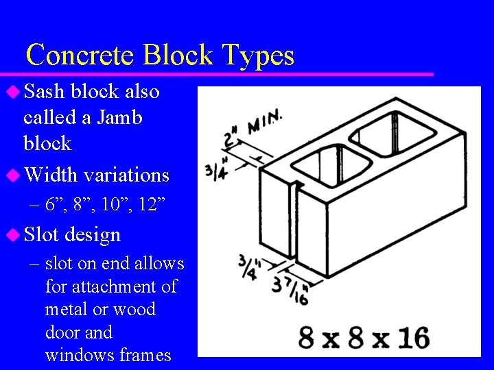 Concrete Block Types u Sash block also called a Jamb block u Width variations