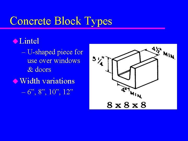 Concrete Block Types u Lintel – U-shaped piece for use over windows & doors
