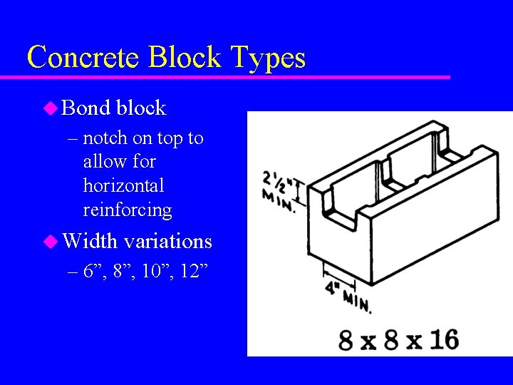Concrete Block Types u Bond block – notch on top to allow for horizontal
