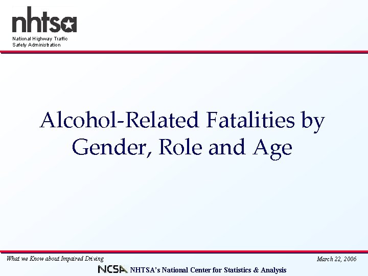 National Highway Traffic Safety Administration Alcohol-Related Fatalities by Gender, Role and Age What we