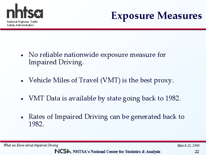 National Highway Traffic Safety Administration Exposure Measures · No reliable nationwide exposure measure for