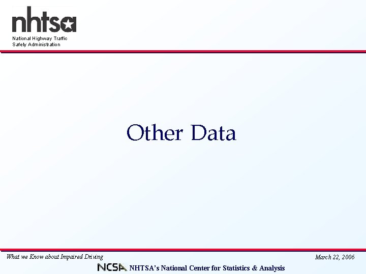 National Highway Traffic Safety Administration Other Data What we Know about Impaired Driving March