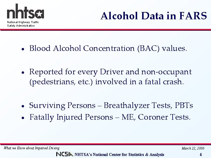 National Highway Traffic Safety Administration Alcohol Data in FARS · Blood Alcohol Concentration (BAC)