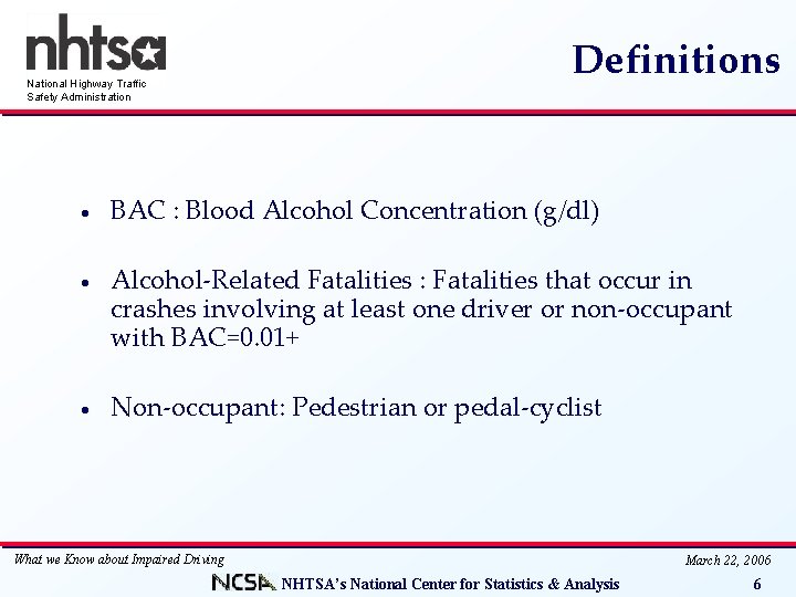 National Highway Traffic Safety Administration Definitions · BAC : Blood Alcohol Concentration (g/dl) ·