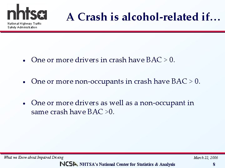 National Highway Traffic Safety Administration A Crash is alcohol-related if… · One or more