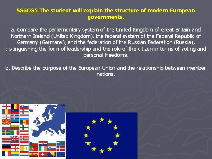 SS 6 CG 5 The student will explain the structure of modern European governments.