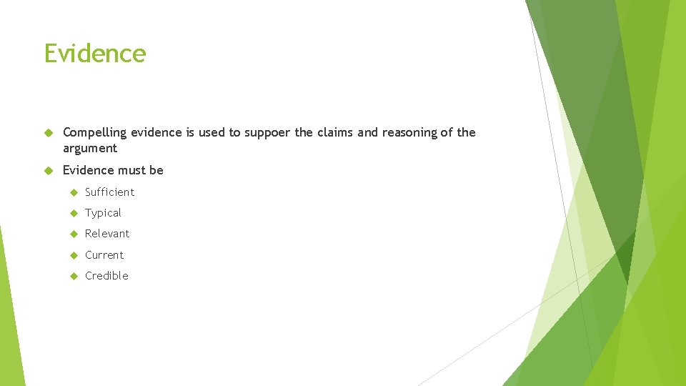 Evidence Compelling evidence is used to suppoer the claims and reasoning of the argument