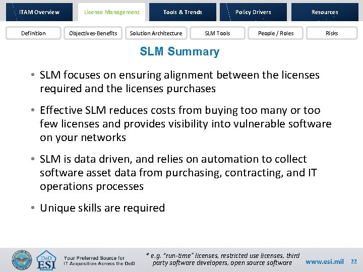 ITAM Overview Definition License Management Objectives-Benefits Tools & Trends Solution Architecture Policy Drivers SLM