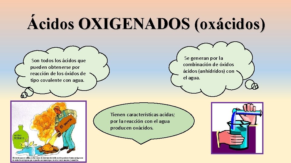 Ácidos OXIGENADOS (oxácidos) Se generan por la combinación de óxidos ácidos (anhídridos) con el