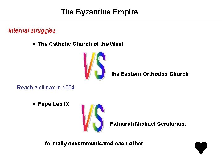 The Byzantine Empire Internal struggles ● The Catholic Church of the West the Eastern