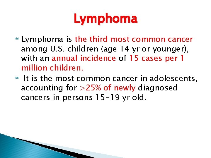 Lymphoma is the third most common cancer among U. S. children (age 14 yr