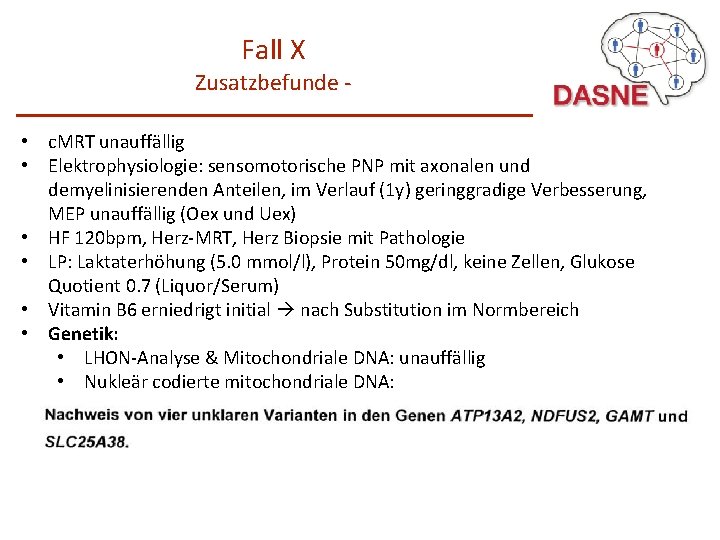 Fall X Zusatzbefunde • c. MRT unauffällig • Elektrophysiologie: sensomotorische PNP mit axonalen und