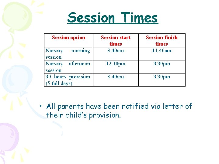 Session Times Session option Nursery morning session Nursery afternoon session 30 hours provision (5