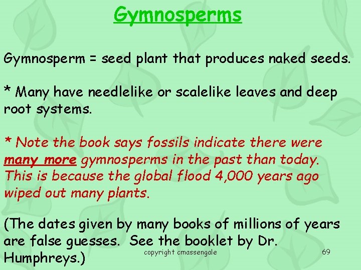 Gymnosperms Gymnosperm = seed plant that produces naked seeds. * Many have needlelike or
