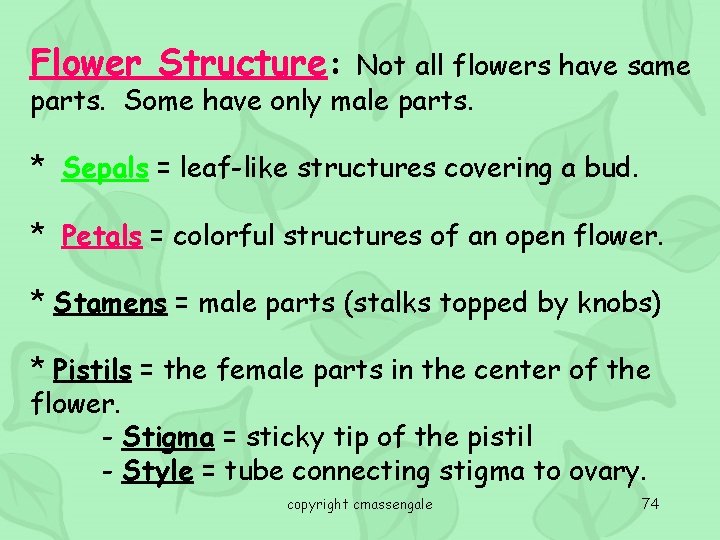Flower Structure: Not all flowers have same parts. Some have only male parts. *