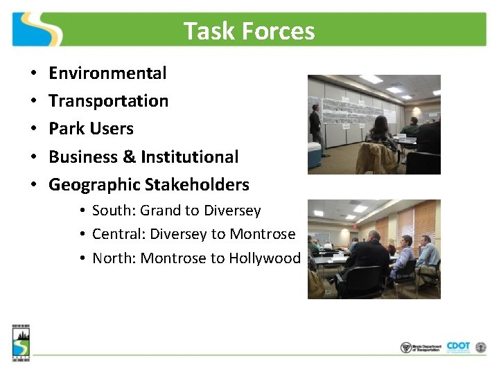 Task Forces • • • Environmental Transportation Park Users Business & Institutional Geographic Stakeholders