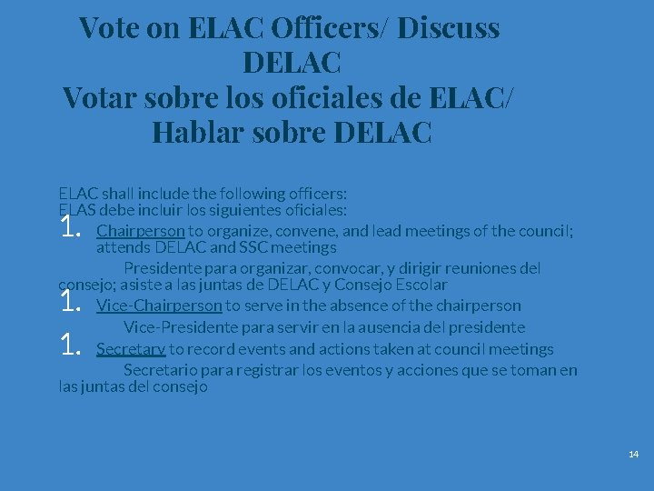 Vote on ELAC Officers/ Discuss DELAC Votar sobre los oficiales de ELAC/ Hablar sobre