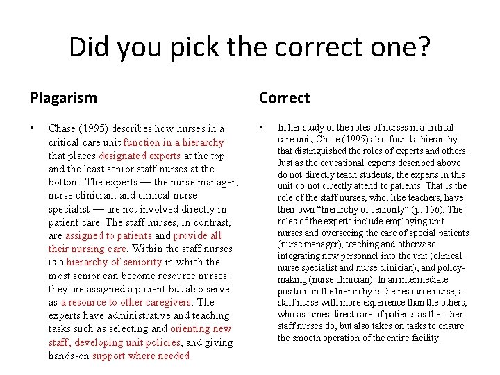 Did you pick the correct one? Plagarism Correct • • Chase (1995) describes how