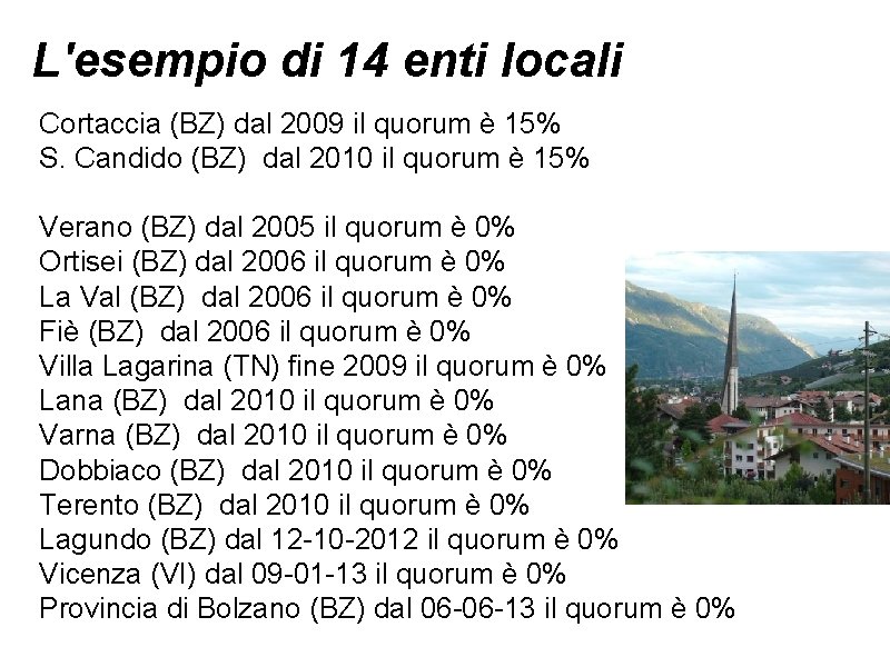 L'esempio di 14 enti locali Cortaccia (BZ) dal 2009 il quorum è 15% S.
