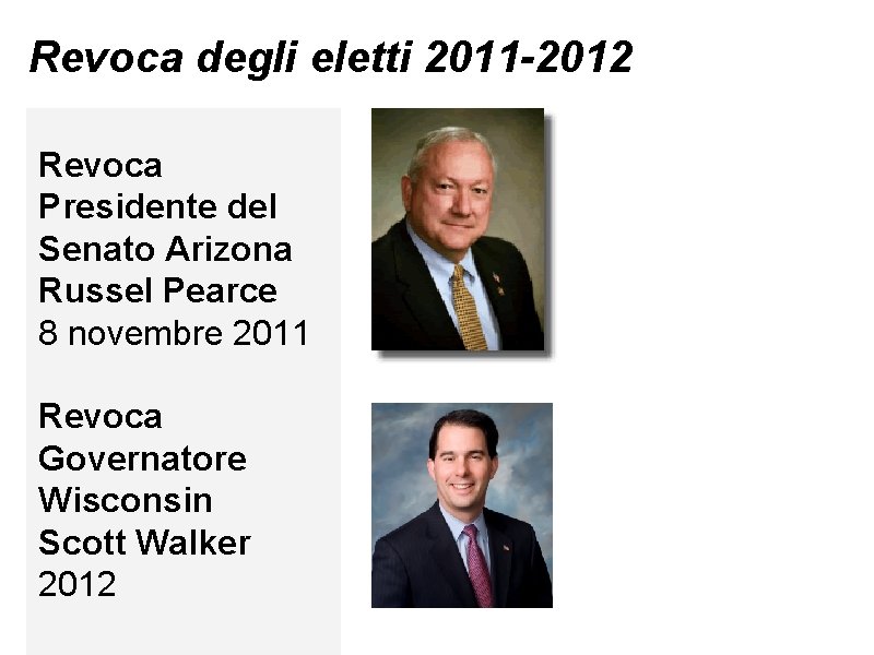 Revoca degli eletti 2011 -2012 Revoca Presidente del Senato Arizona Russel Pearce 8 novembre