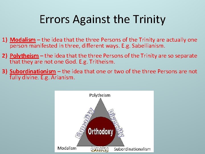 Errors Against the Trinity 1) Modalism – the idea that the three Persons of