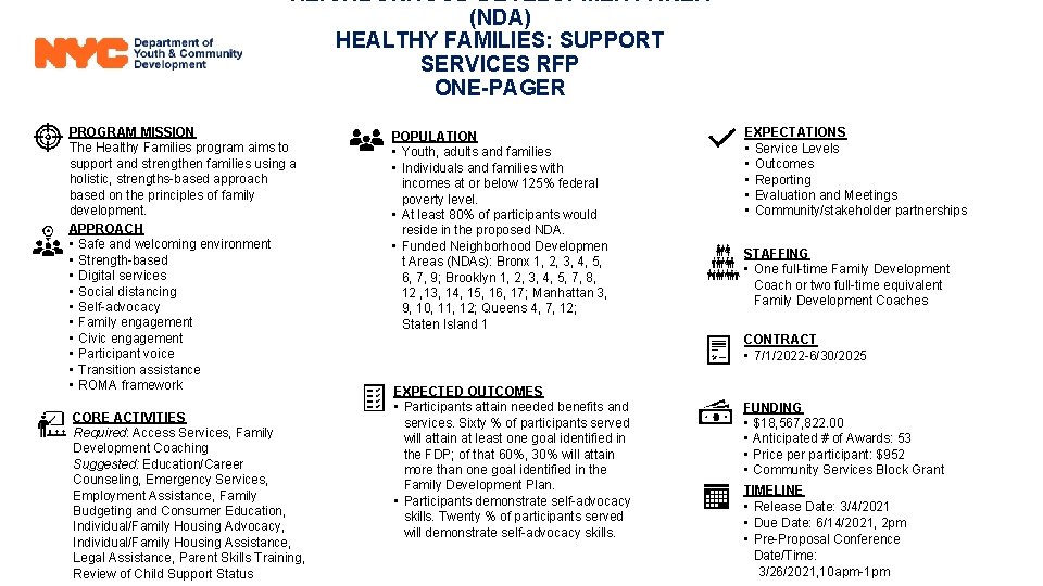 NEIGHBORHOOD DEVELOPMENT AREA (NDA) HEALTHY FAMILIES: SUPPORT SERVICES RFP ONE-PAGER PROGRAM MISSION The Healthy