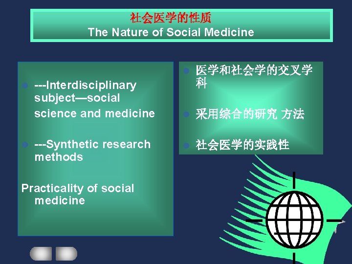 社会医学的性质 The Nature of Social Medicine l l ---Interdisciplinary subject—social science and medicine ---Synthetic 社会医学的性质 The Nature of Social Medicine l l ---Interdisciplinary subject—social science and medicine ---Synthetic