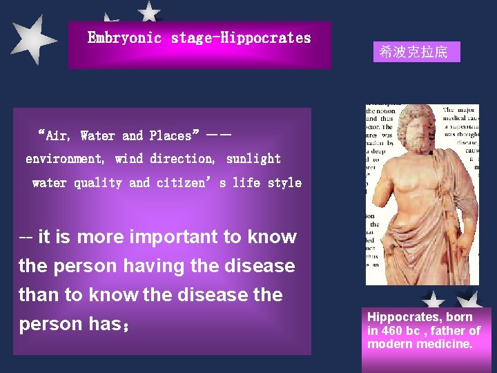 Embryonic stage-Hippocrates 希波克拉底 “Air, Water and Places”-- environment, wind direction, sunlight water quality and Embryonic stage-Hippocrates 希波克拉底 “Air, Water and Places”-- environment, wind direction, sunlight water quality and
