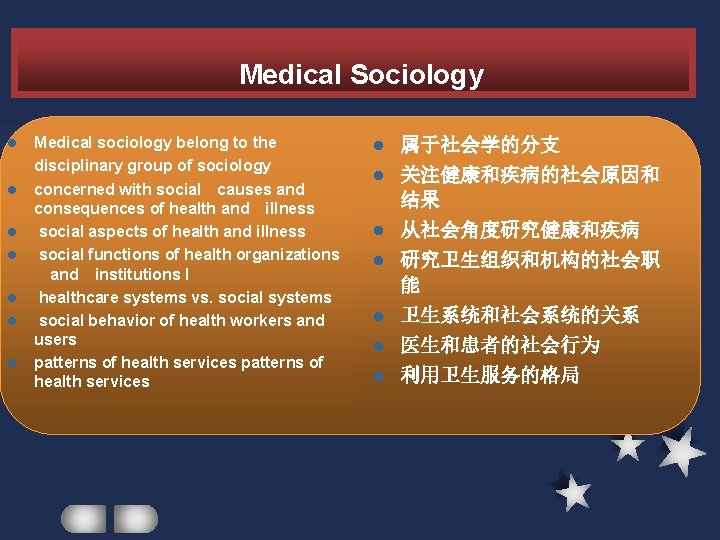 Medical Sociology l l l l Medical sociology belong to the disciplinary group of Medical Sociology l l l l Medical sociology belong to the disciplinary group of