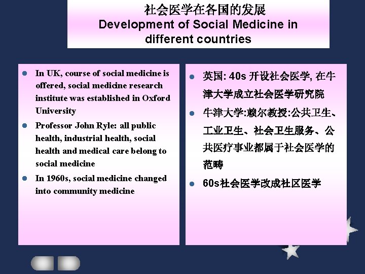 社会医学在各国的发展 Development of Social Medicine in different countries l l l In UK, course 社会医学在各国的发展 Development of Social Medicine in different countries l l l In UK, course