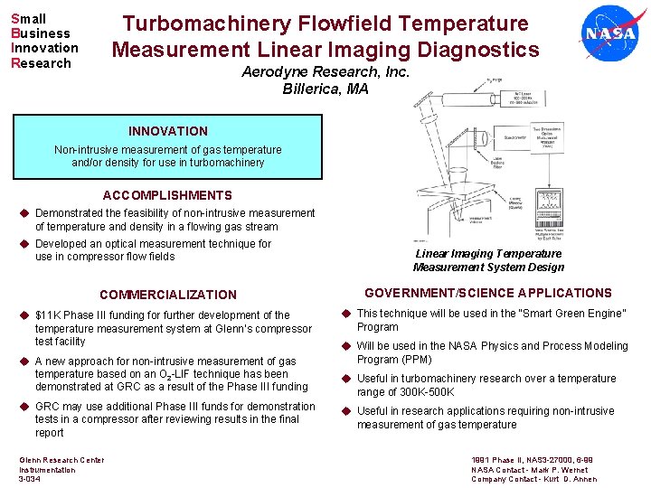 Small Business Innovation Research Turbomachinery Flowfield Temperature Measurement Linear Imaging Diagnostics Aerodyne Research, Inc.