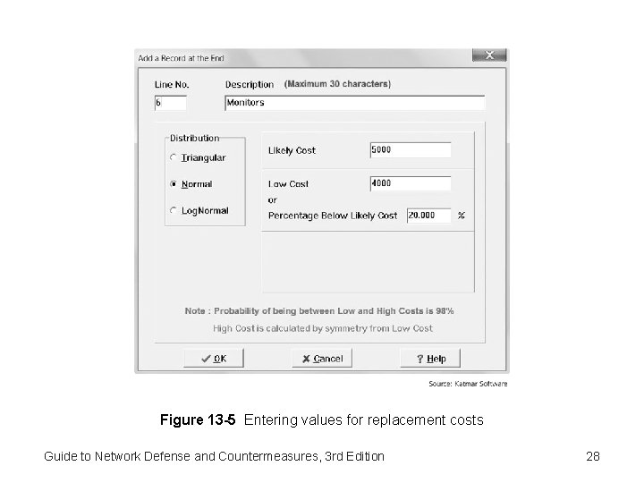 Figure 13 -5 Entering values for replacement costs Guide to Network Defense and Countermeasures,