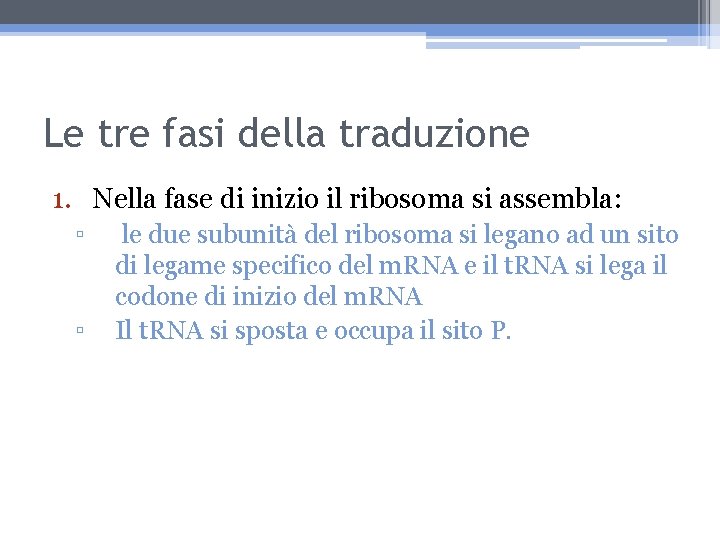 Le tre fasi della traduzione 1. Nella fase di inizio il ribosoma si assembla: