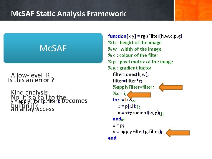 Mc. SAF Static Analysis Framework Mc. SAF What happens if we uncomment %apply. Filter=filter;