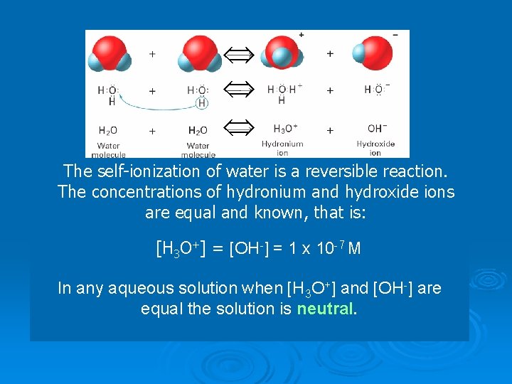  The self-ionization of water is a reversible reaction. The concentrations of hydronium and